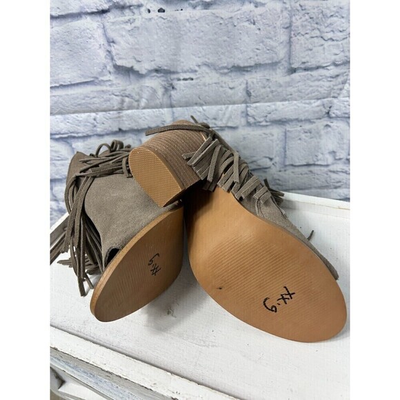 Steve Madden Women 7M Taupe Boot Suede Leather Zip Open Toe Fringe Heeled Bootie - Picture 10 of 12